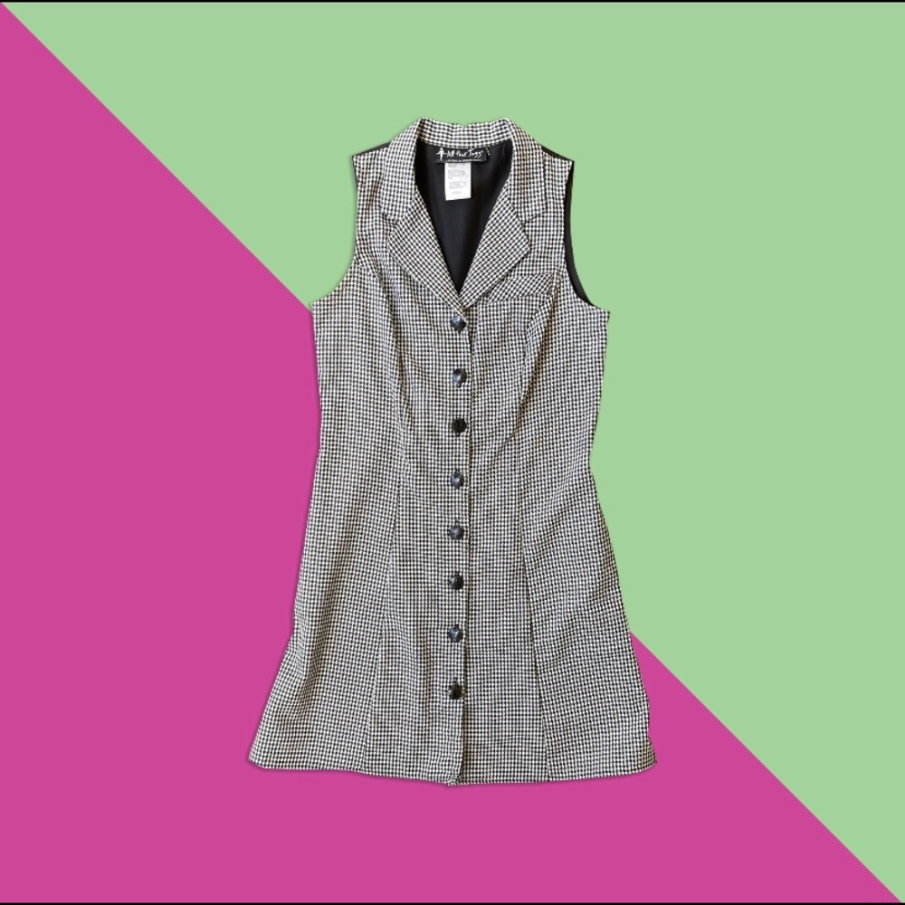 Vintage 90s Houndstooth Sleeveless Collared Button Front Dress